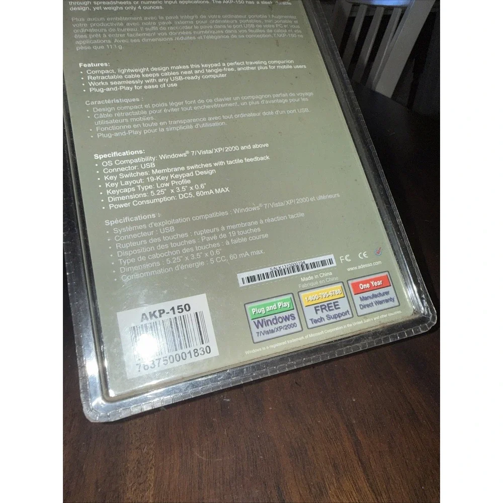 Adesso AKP-150 Wired Retractable USB Numeric Keypad for Windows‎ 7+ NEW IN BOX